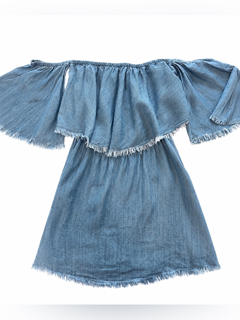 NWT ELAN Ivy & Leo Off Shoulder 100% Tencel Denim Boho Top Size Small Frayed Hem